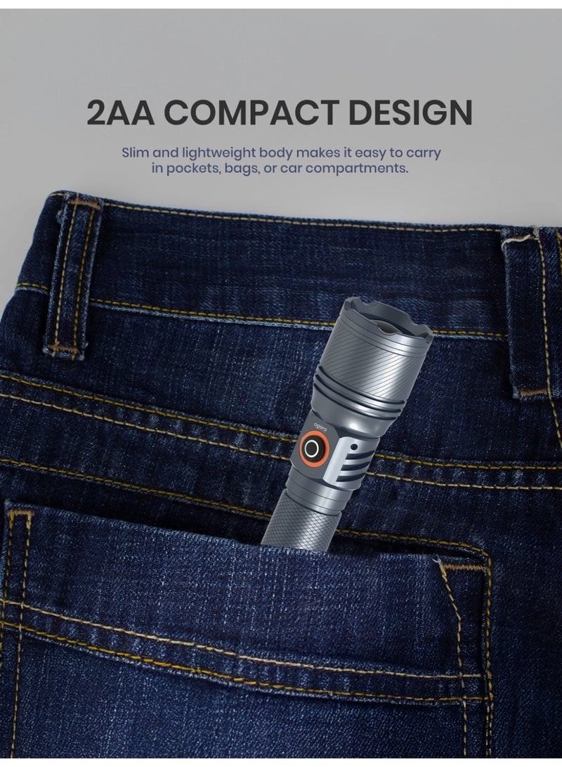 أوجيرا كشاف LED قابل لإعادة الشحن | كشاف تكتيكي عالي السطوع | بطاريتان AA قابلة لإعادة الشحن | صغير ومتين | مقاوم للماء | كشاف طوارئ للتخييم والمشي والاستخدام اليومي | ضمان سنتين | OG1006SL | فضي - Image 3